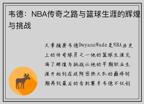 韦德：NBA传奇之路与篮球生涯的辉煌与挑战